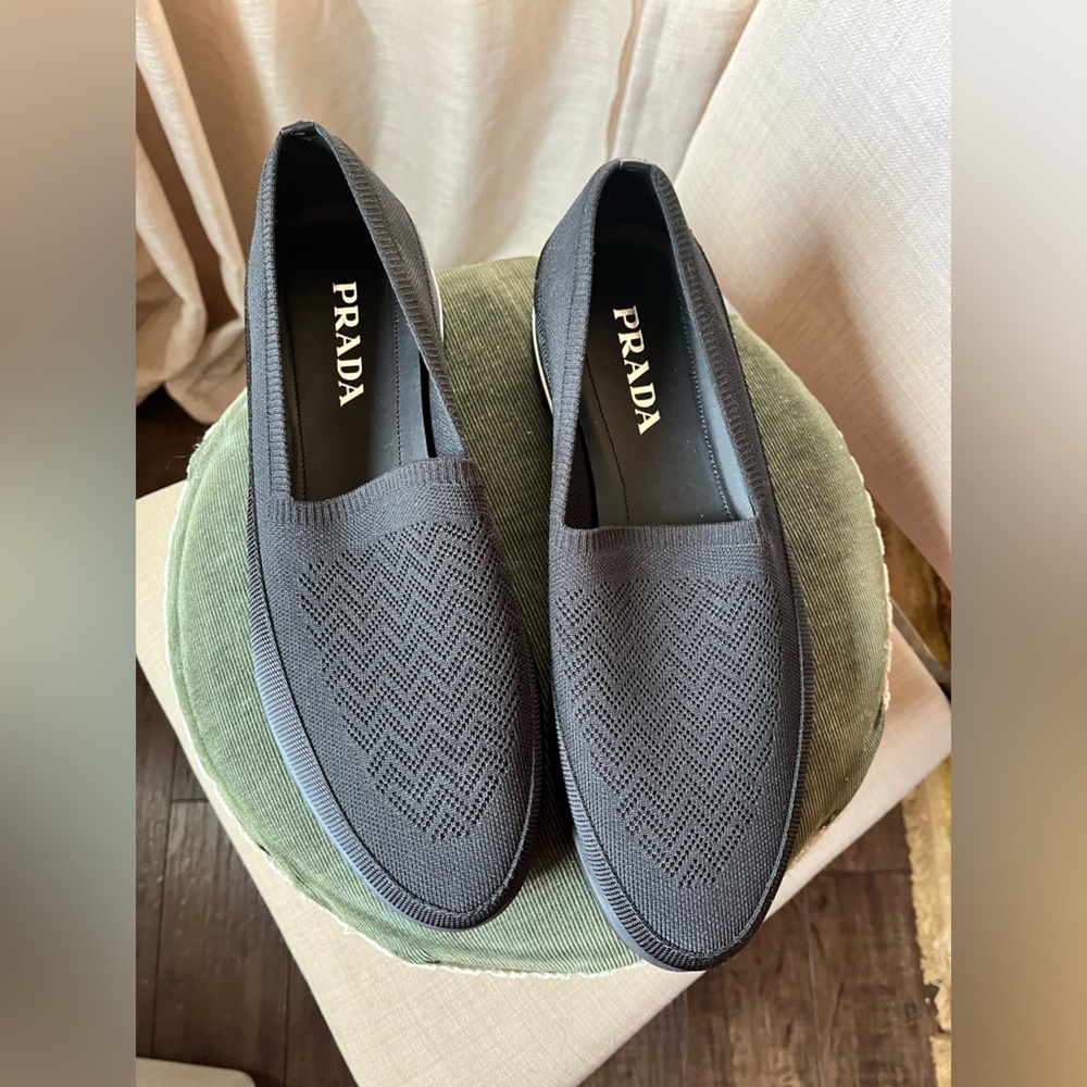 PRADA Shoes Men’s Size 11 Loafers Black Slip Ons Twill Knot Mouline NWOT